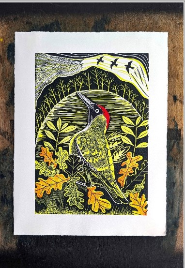 A screen print by artist Jane Spink of a kingfisher