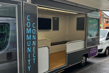 photo shows an image of the community connect trailer, fully open to the public