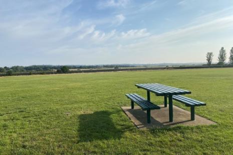 Park bench in green field