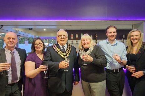 Councillors, Staff and our Bar team in front of the main hall bar. From Left to Right: Paul & Anita Robertson from Eternity Events, Chairman Cllr Jack Lawmon, Cllr Vilma Wilson lead member for Public Spaces and Assets under Rochford District Council’s Joint Administration, Mill Arts and Events Centre Operational Manager Kieron Stapleton and Phoebe Barnes, Director of Assets and Investments for Rochford District Council
