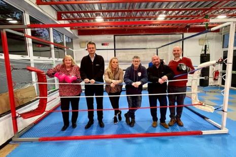 (left to right: Councillor Vilma Wilson, Lead Member for Public Spaces and Assets of Rochford District Council’s Joint Administration; Rochford District Council officer, Mark Aldous; Rayleigh Community Boxing Club's Amanda Lucas and Tony Rowe; Rochford District Council officers, Martin Downes and Darren McLoughlin pictured in a boxing ring