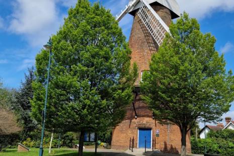 windmill surrounded by trees with blue sky
