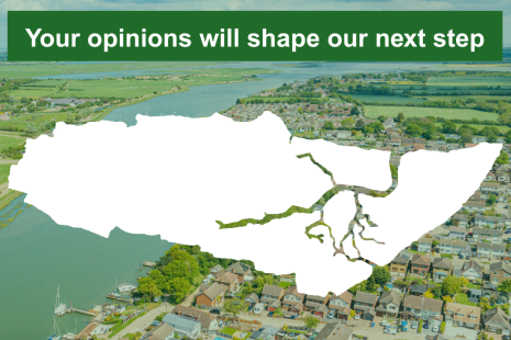 outline of Rochford district with the words 'your opinions will shape our next step. One Essex, many possibilities, help us decide.'