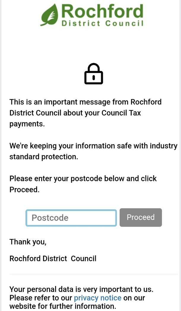 Screen shot of a page with Rochford District Council logo at the top, then an icon of a padlock with text asking you to enter your postcode