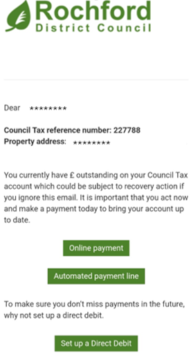 Screen shot of a page with Rochford District Council logo at the top, then a greeting, details of a Council Tax account and a message on how much is outstanding and how to pay it