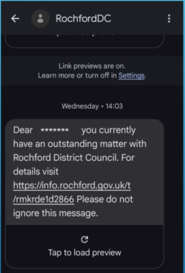Screen shot of a text message showing it is sent from RochfordDC and a link which contains https://info.rochford.gov.uk