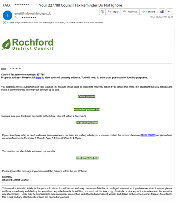 A screen shot of email that would be received with subject that starts FAO and the text which includes links to payments and other help and advice