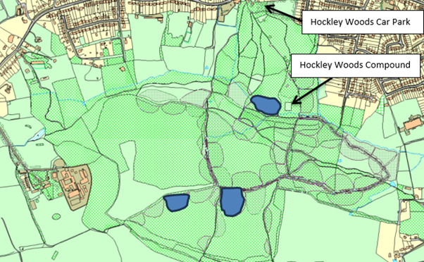 A map showing the location of coppicing in Hockley Woods